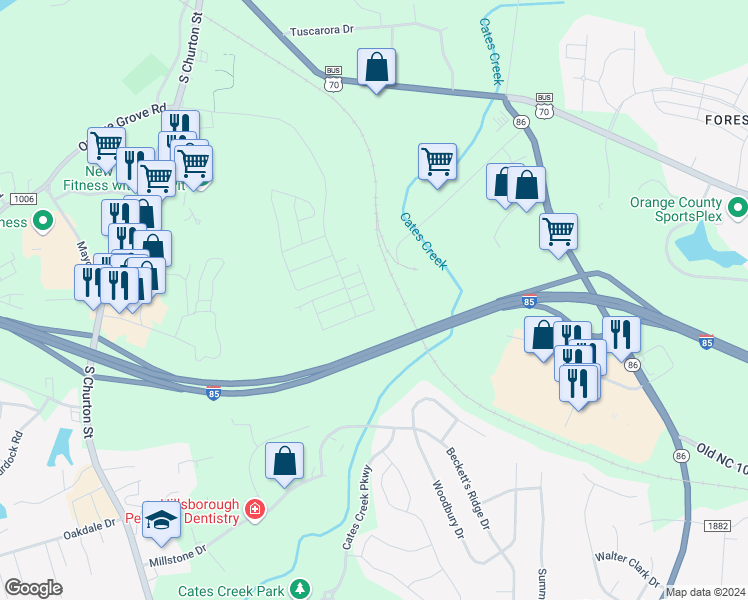 map of restaurants, bars, coffee shops, grocery stores, and more near 409 Brightleaf Road in Hillsborough