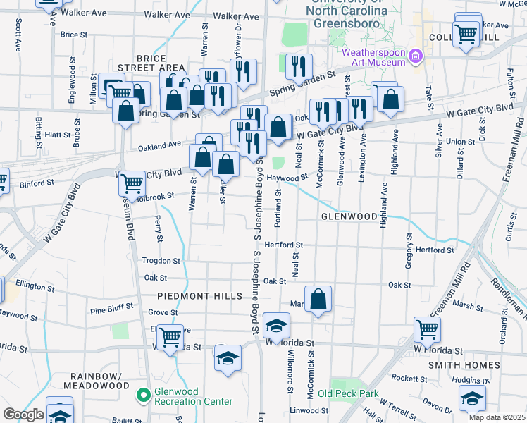 map of restaurants, bars, coffee shops, grocery stores, and more near 1006 Portland Street in Greensboro