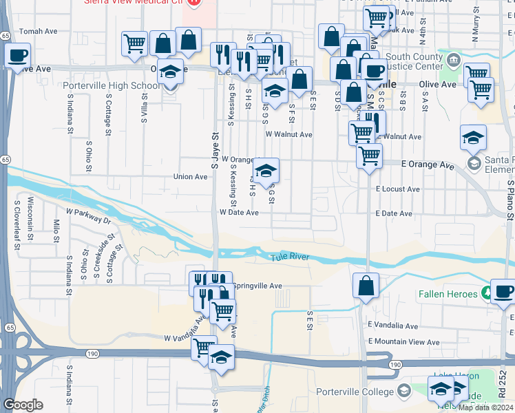 map of restaurants, bars, coffee shops, grocery stores, and more near 286 West Date Avenue in Porterville