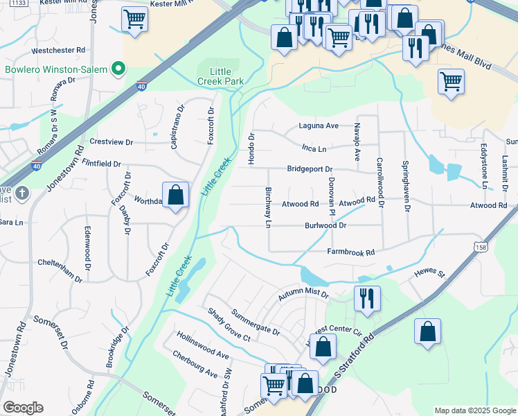 map of restaurants, bars, coffee shops, grocery stores, and more near 2910 Atwood Road in Winston-Salem