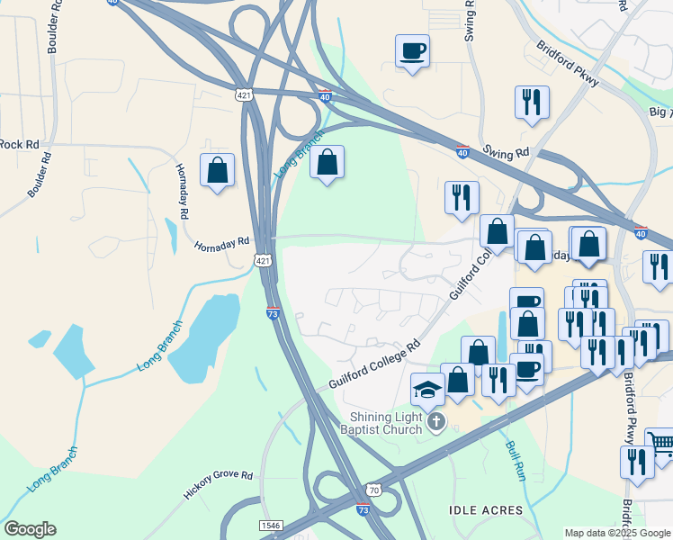 map of restaurants, bars, coffee shops, grocery stores, and more near 5641 Hornaday Road in Greensboro