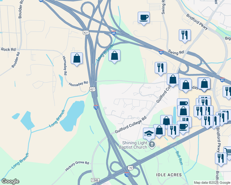 map of restaurants, bars, coffee shops, grocery stores, and more near 5643 Hornaday Road in Greensboro