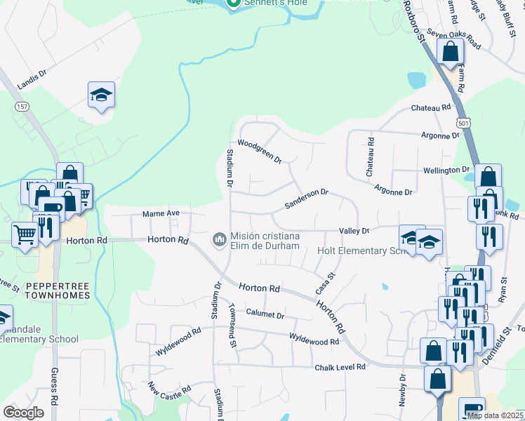 map of restaurants, bars, coffee shops, grocery stores, and more near 904 Sanderson Drive in Durham