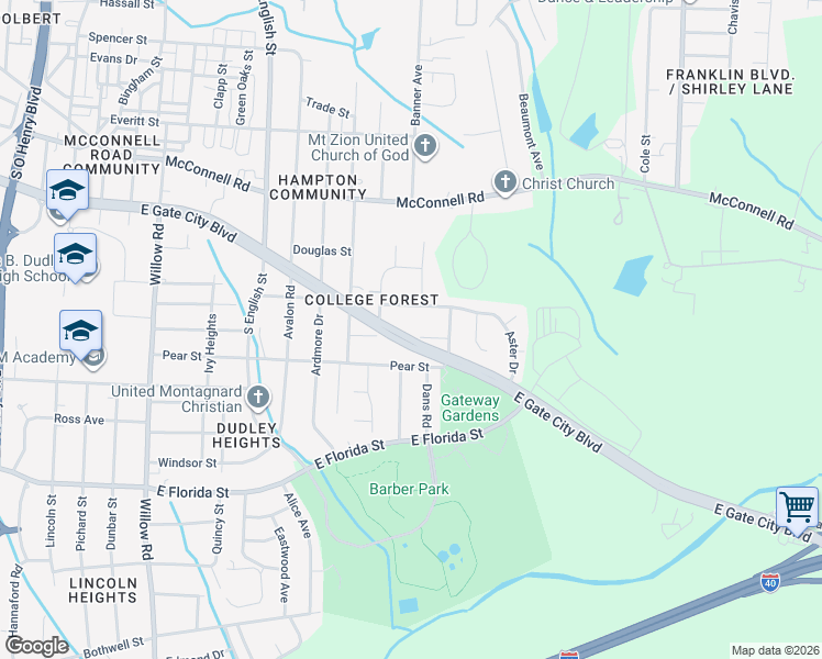 map of restaurants, bars, coffee shops, grocery stores, and more near 2709 East Lee Street in Greensboro