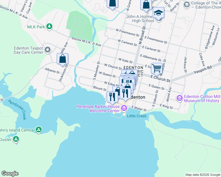 map of restaurants, bars, coffee shops, grocery stores, and more near 112 West King Street in Edenton