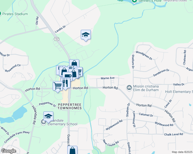 map of restaurants, bars, coffee shops, grocery stores, and more near 1326 Marne Avenue in Durham