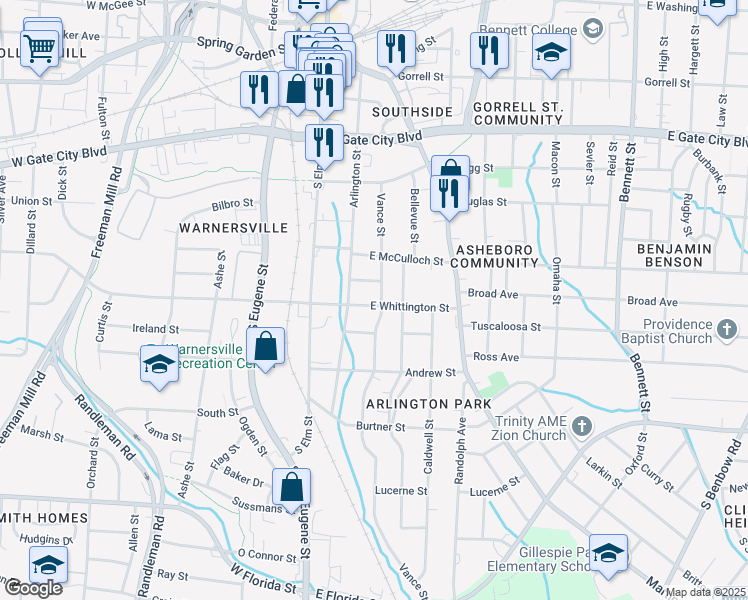 map of restaurants, bars, coffee shops, grocery stores, and more near 213 East Whittington Street in Greensboro