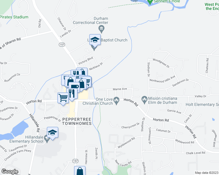 map of restaurants, bars, coffee shops, grocery stores, and more near 1322 Marne Avenue in Durham