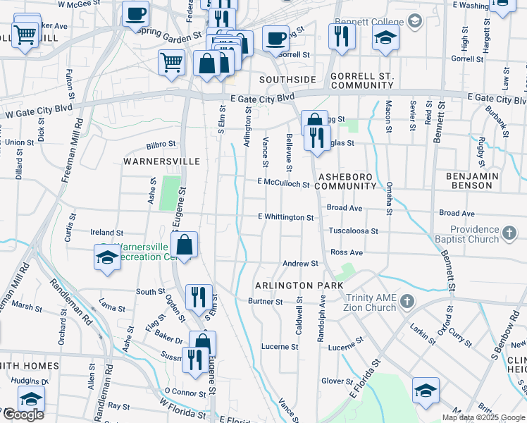 map of restaurants, bars, coffee shops, grocery stores, and more near 215 East Whittington Street in Greensboro