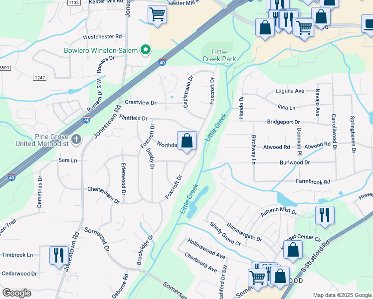 map of restaurants, bars, coffee shops, grocery stores, and more near 105 Worthdale Drive in Winston-Salem