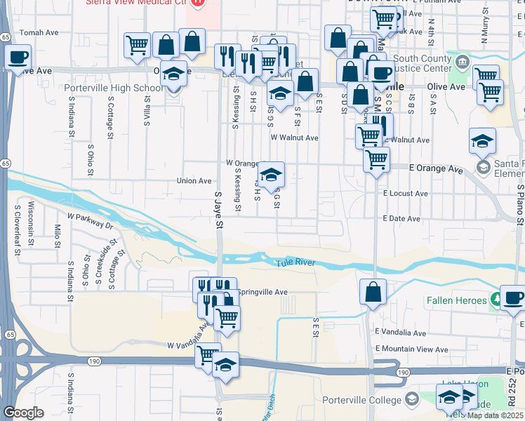 map of restaurants, bars, coffee shops, grocery stores, and more near 378 South H Street in Porterville