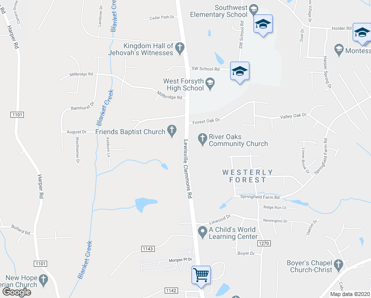 map of restaurants, bars, coffee shops, grocery stores, and more near Lewisville Clemmons Road in 2255 Lewisville-Clemmons Road