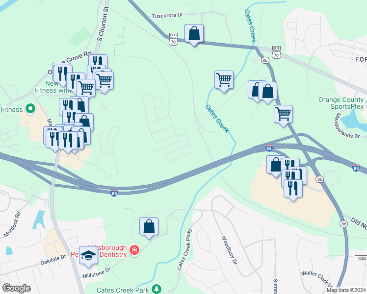 map of restaurants, bars, coffee shops, grocery stores, and more near Watermill Way in Hillsborough