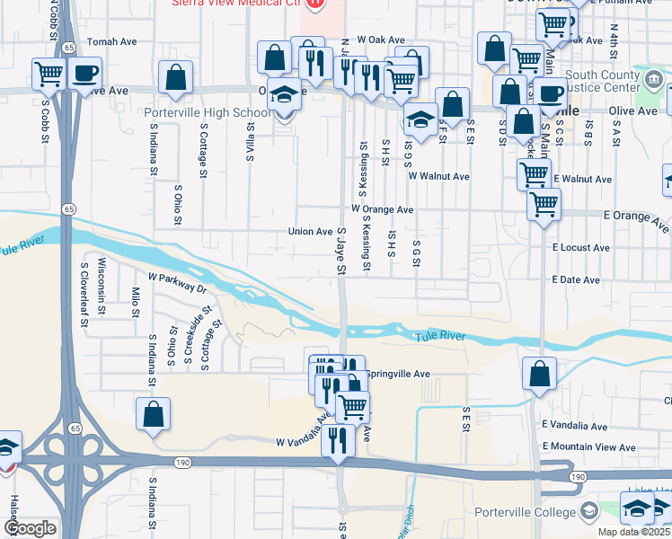 map of restaurants, bars, coffee shops, grocery stores, and more near 423 South Jaye Street in Porterville