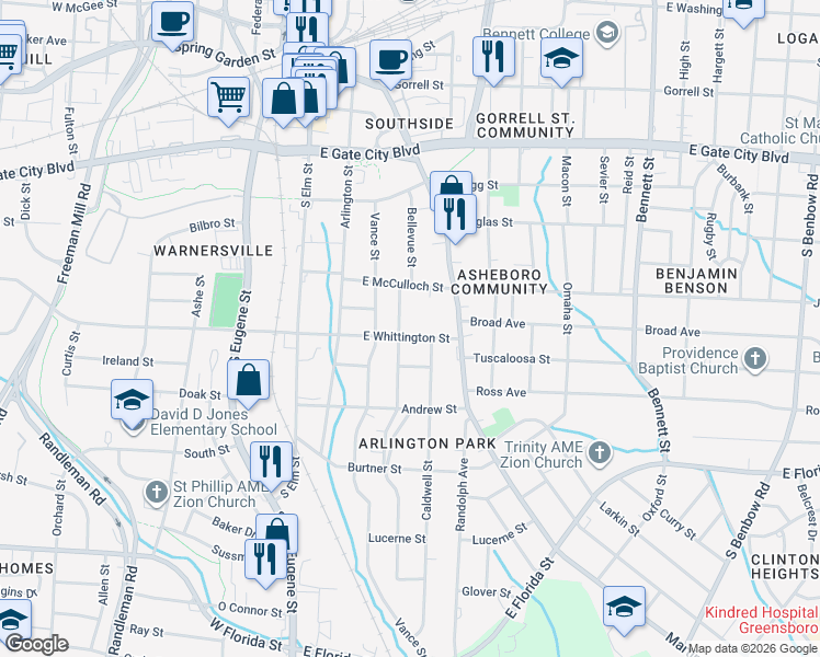 map of restaurants, bars, coffee shops, grocery stores, and more near 410 East Whittington Street in Greensboro