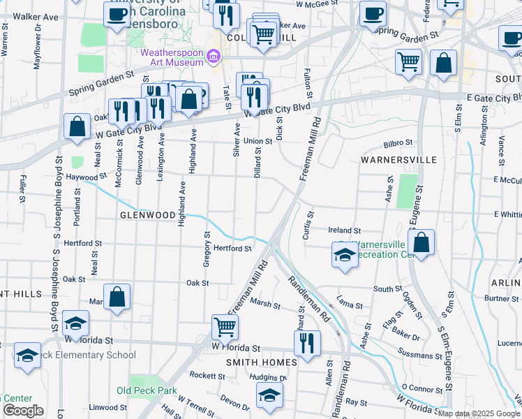 map of restaurants, bars, coffee shops, grocery stores, and more near 1005 Dillard Street in Greensboro
