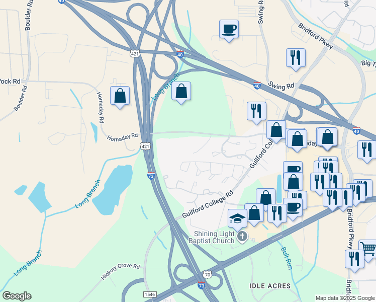 map of restaurants, bars, coffee shops, grocery stores, and more near 5665 Hornaday Road in Greensboro
