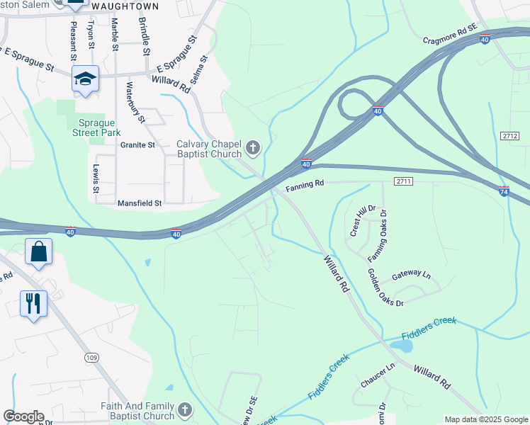 map of restaurants, bars, coffee shops, grocery stores, and more near 2405 Markwood Lane Southeast in Winston-Salem