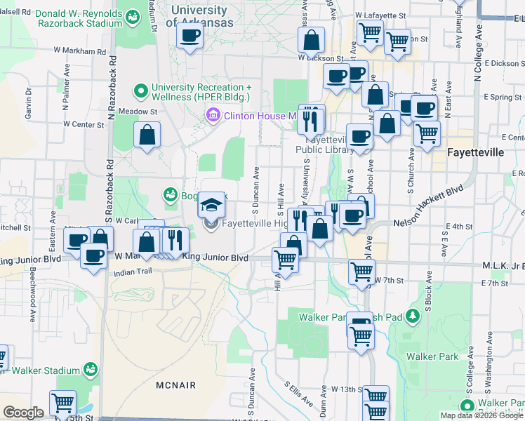 map of restaurants, bars, coffee shops, grocery stores, and more near 329 South Duncan Avenue in Fayetteville