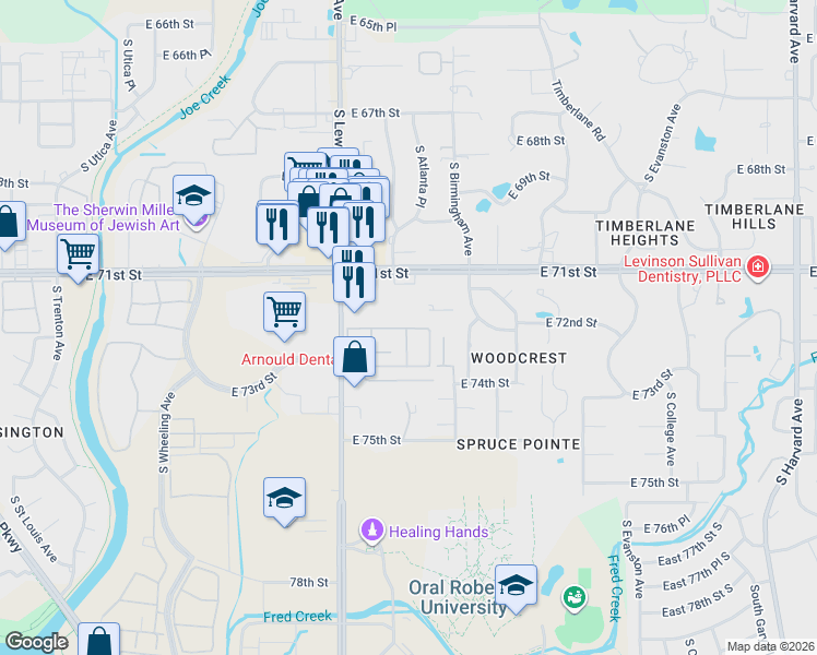 map of restaurants, bars, coffee shops, grocery stores, and more near 7213 South Atlanta Avenue in Tulsa