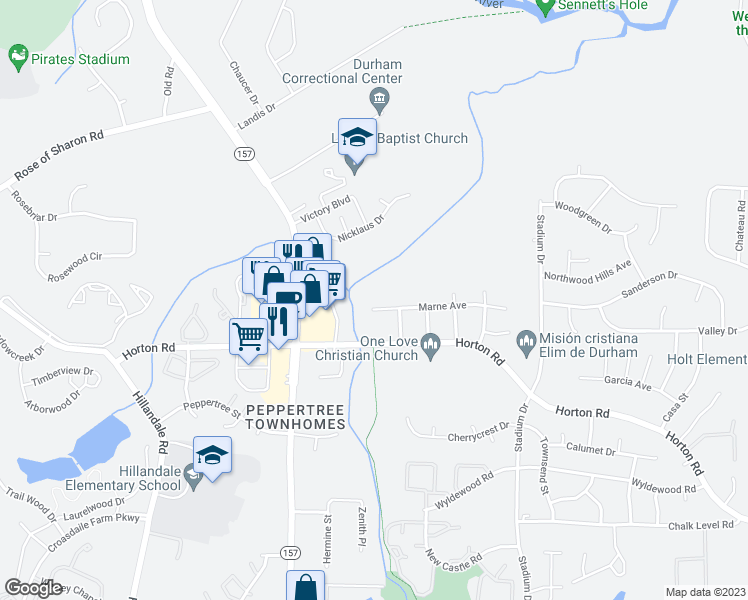 map of restaurants, bars, coffee shops, grocery stores, and more near 1340 Marne Avenue in Durham