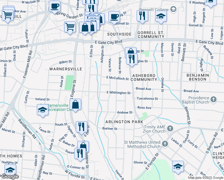 map of restaurants, bars, coffee shops, grocery stores, and more near 300 East Whittington Street in Greensboro