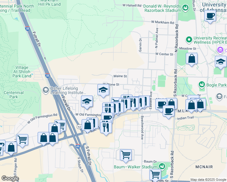 map of restaurants, bars, coffee shops, grocery stores, and more near 432 South Sang Avenue in Fayetteville