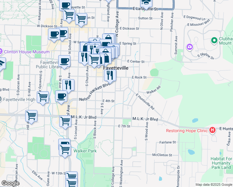 map of restaurants, bars, coffee shops, grocery stores, and more near 332-398 S College Ave in Fayetteville