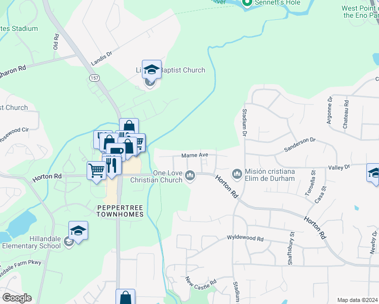 map of restaurants, bars, coffee shops, grocery stores, and more near 1310 Marne Avenue in Durham