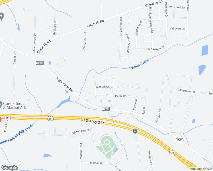 map of restaurants, bars, coffee shops, grocery stores, and more near 3955 Glen Knoll Lane in Winston-Salem
