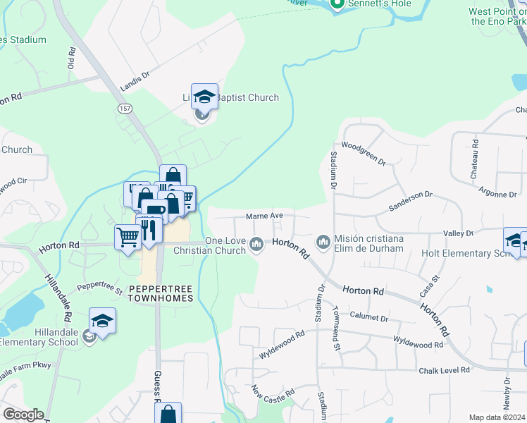 map of restaurants, bars, coffee shops, grocery stores, and more near 1306 Marne Avenue in Durham