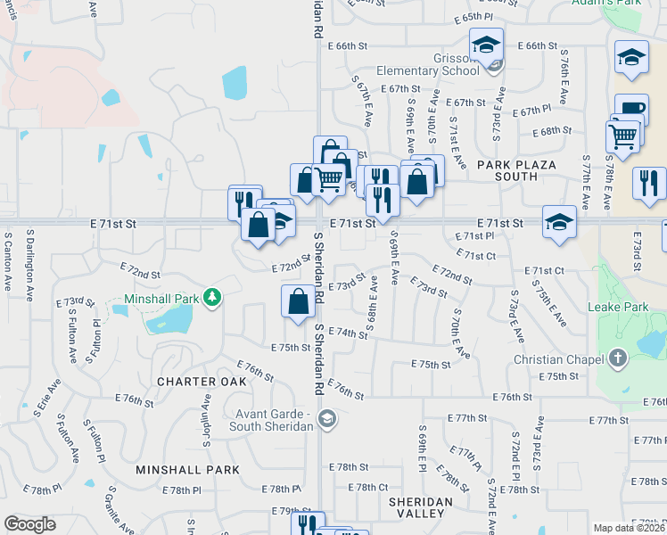 map of restaurants, bars, coffee shops, grocery stores, and more near 7222 South 66th East Avenue in Tulsa