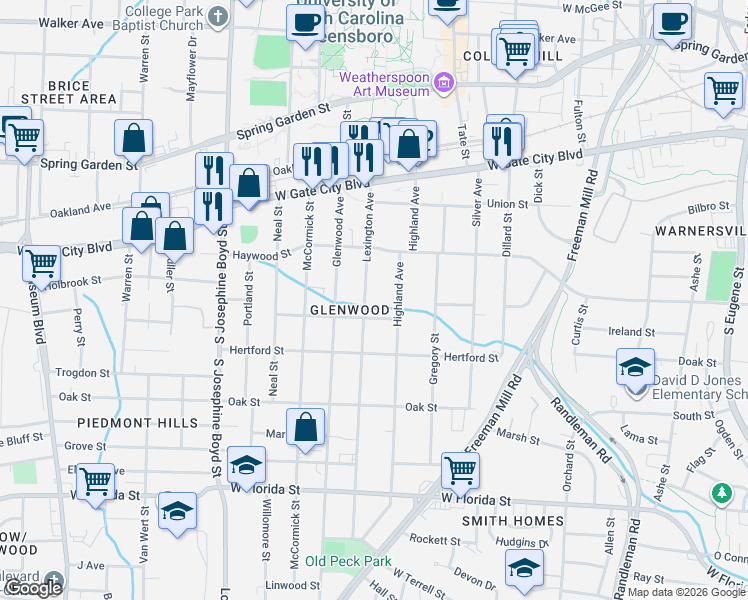 map of restaurants, bars, coffee shops, grocery stores, and more near 1004 Richardson Street in Greensboro