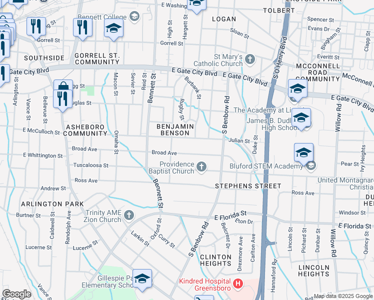 map of restaurants, bars, coffee shops, grocery stores, and more near 915 Broad Avenue in Greensboro