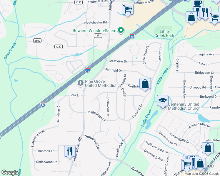 map of restaurants, bars, coffee shops, grocery stores, and more near 104 Shenandoah Drive in Winston-Salem