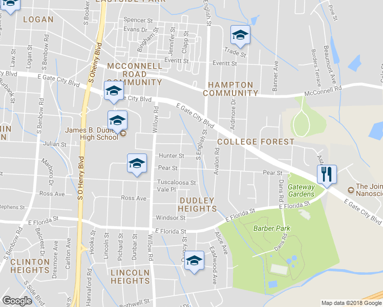 map of restaurants, bars, coffee shops, grocery stores, and more near 2205 Hunter Street in Greensboro