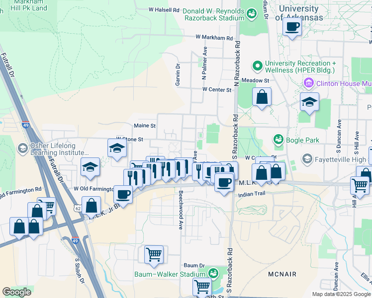 map of restaurants, bars, coffee shops, grocery stores, and more near 1693 Neptune Street in Fayetteville