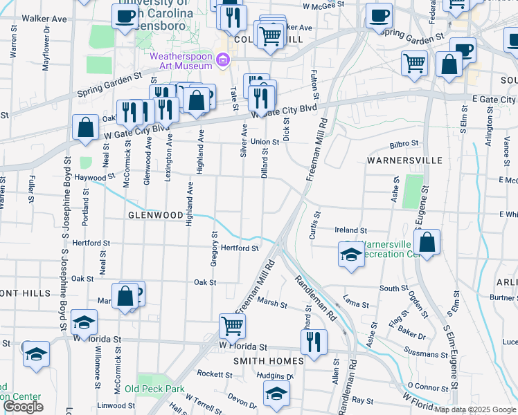 map of restaurants, bars, coffee shops, grocery stores, and more near 924 Dillard Street in Greensboro