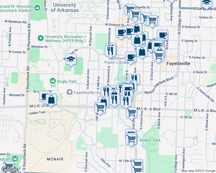 map of restaurants, bars, coffee shops, grocery stores, and more near 392 South University Avenue in Fayetteville