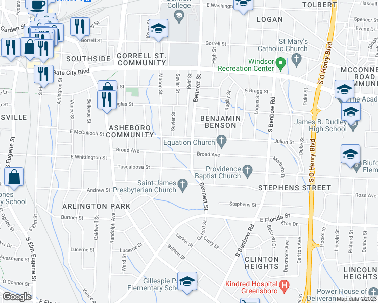 map of restaurants, bars, coffee shops, grocery stores, and more near 829 Broad Avenue in Greensboro