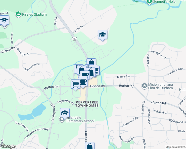 map of restaurants, bars, coffee shops, grocery stores, and more near 3808 Guess Road in Durham