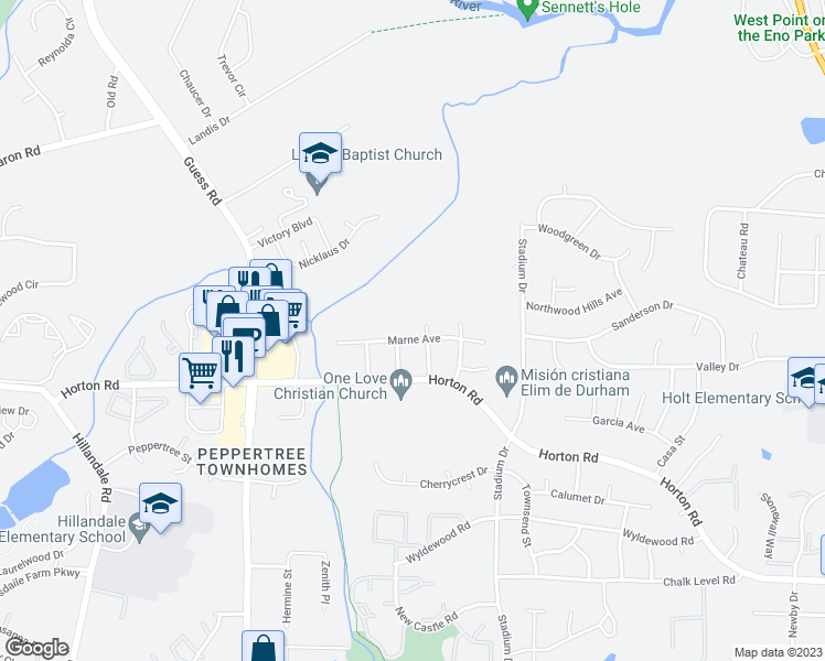 map of restaurants, bars, coffee shops, grocery stores, and more near 4211 Thames Avenue in Durham