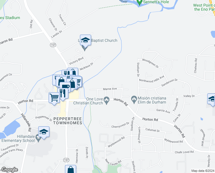 map of restaurants, bars, coffee shops, grocery stores, and more near 4211 Thames Avenue in Durham