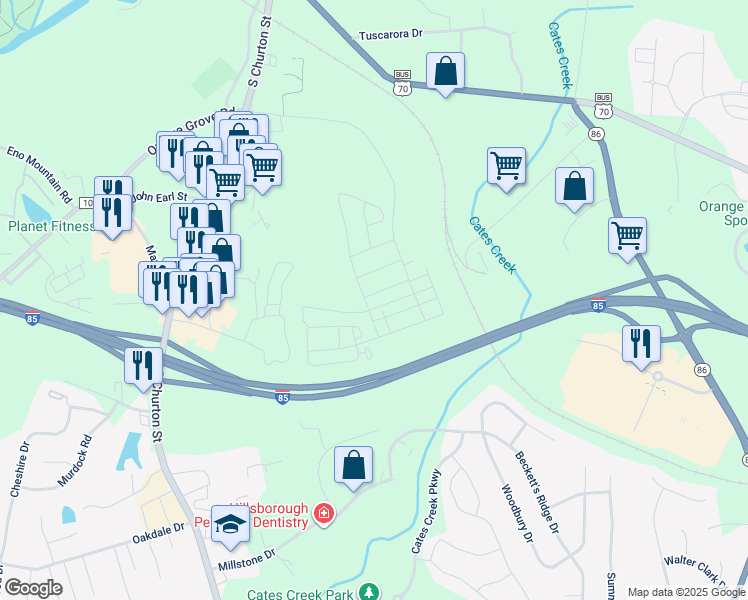 map of restaurants, bars, coffee shops, grocery stores, and more near 805 James J Freeland Memorial Drive in Hillsborough