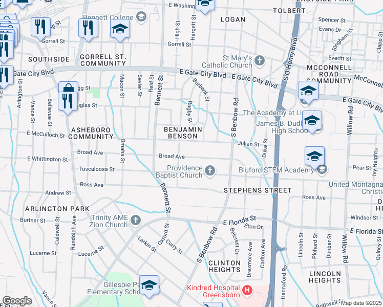 map of restaurants, bars, coffee shops, grocery stores, and more near 914 Broad Avenue in Greensboro