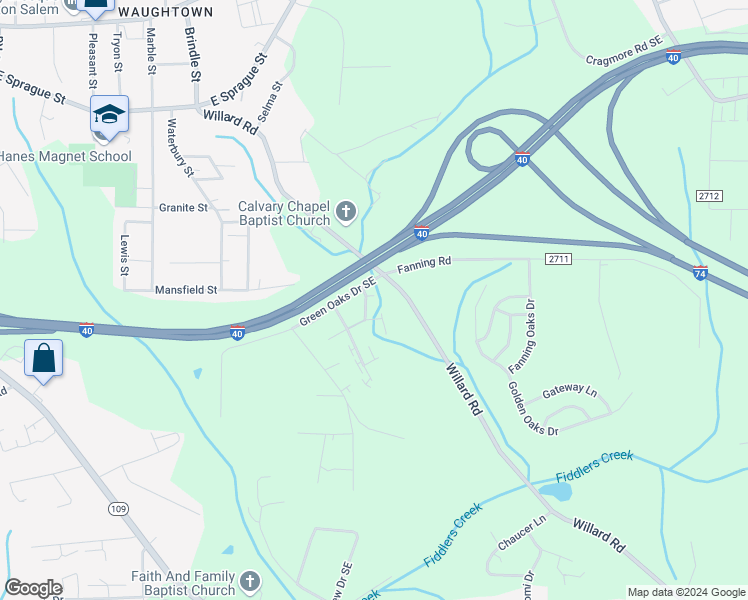 map of restaurants, bars, coffee shops, grocery stores, and more near 2405 Markwood Lane Southeast in Winston-Salem