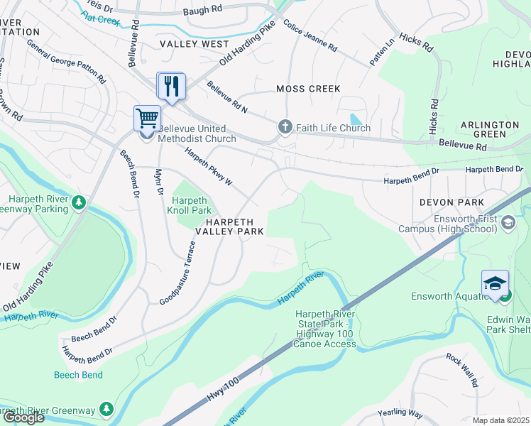 map of restaurants, bars, coffee shops, grocery stores, and more near 700 Harpeth Knoll Court in Nashville