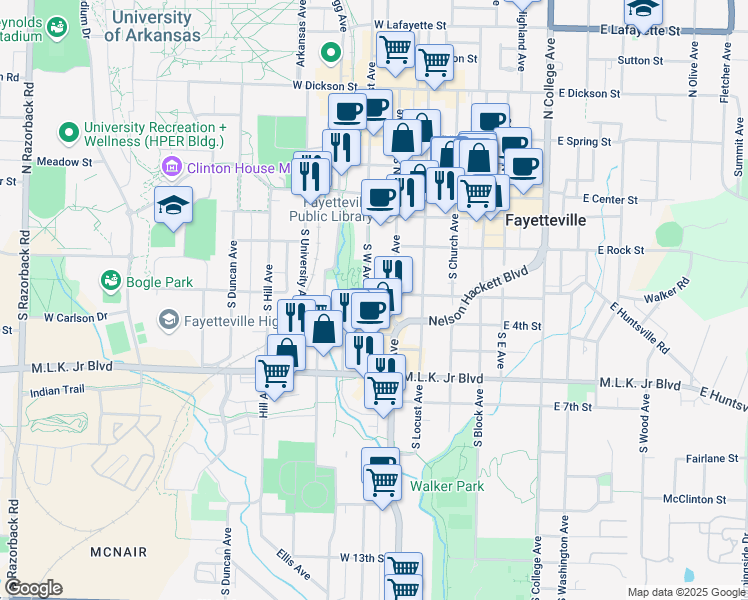map of restaurants, bars, coffee shops, grocery stores, and more near 308 South West Avenue in Fayetteville