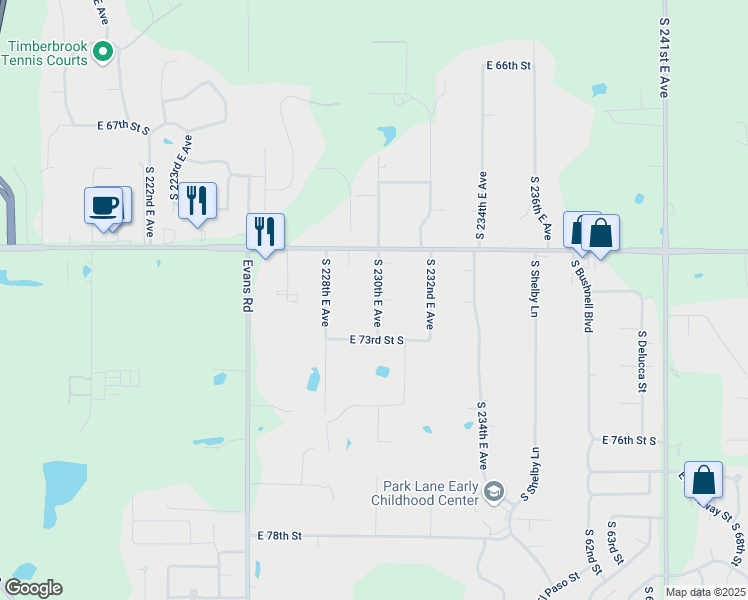 map of restaurants, bars, coffee shops, grocery stores, and more near 7220 South 230th East Avenue in Broken Arrow