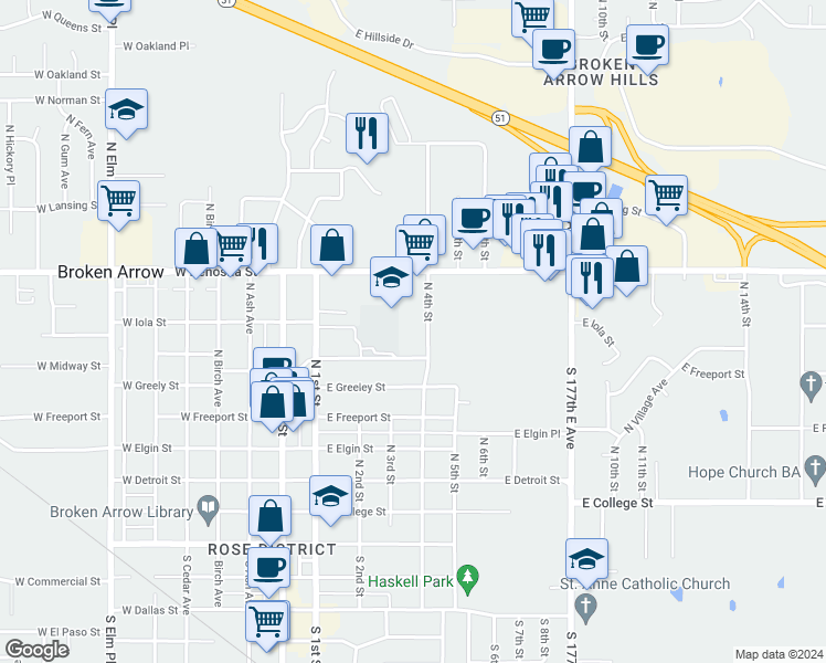 map of restaurants, bars, coffee shops, grocery stores, and more near 710 North 4th Street in Broken Arrow